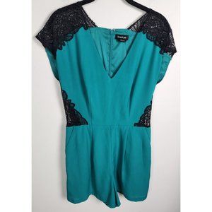 Bebe Women's Sz. 8 Teal Green & Black Lace V Neck Romper
